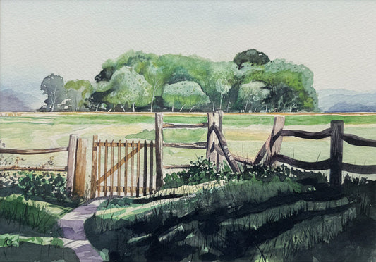 A watercolor landscape painting depicting a rustic wooden fence and gate with a stone path leading into a green field, under a pale sky with a cluster of trees in the background.