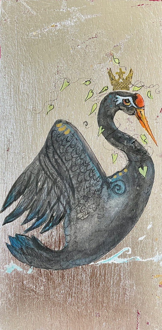 Decorative illustration of a black swan with a crown on a textured beige background