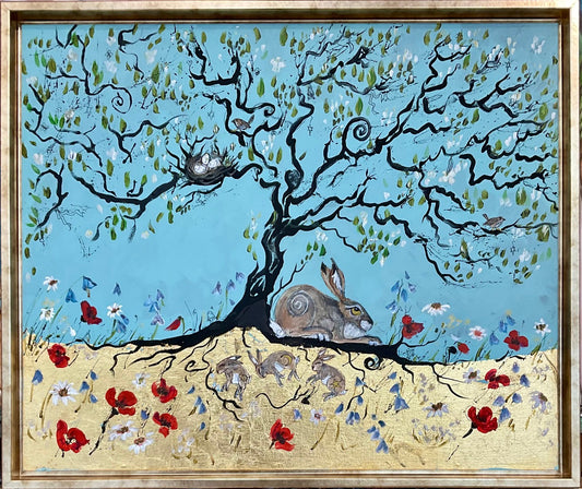 Artistic depiction of a tree with bunnies and flowers against a blue sky.