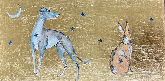 Two animals, possibly a dog and a hare, on a textured gold background with star-like shapes.