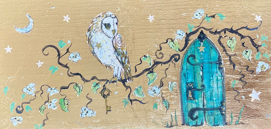 Illustration of an owl perched on a branch with flowers and a blue door in the background on a gold background.