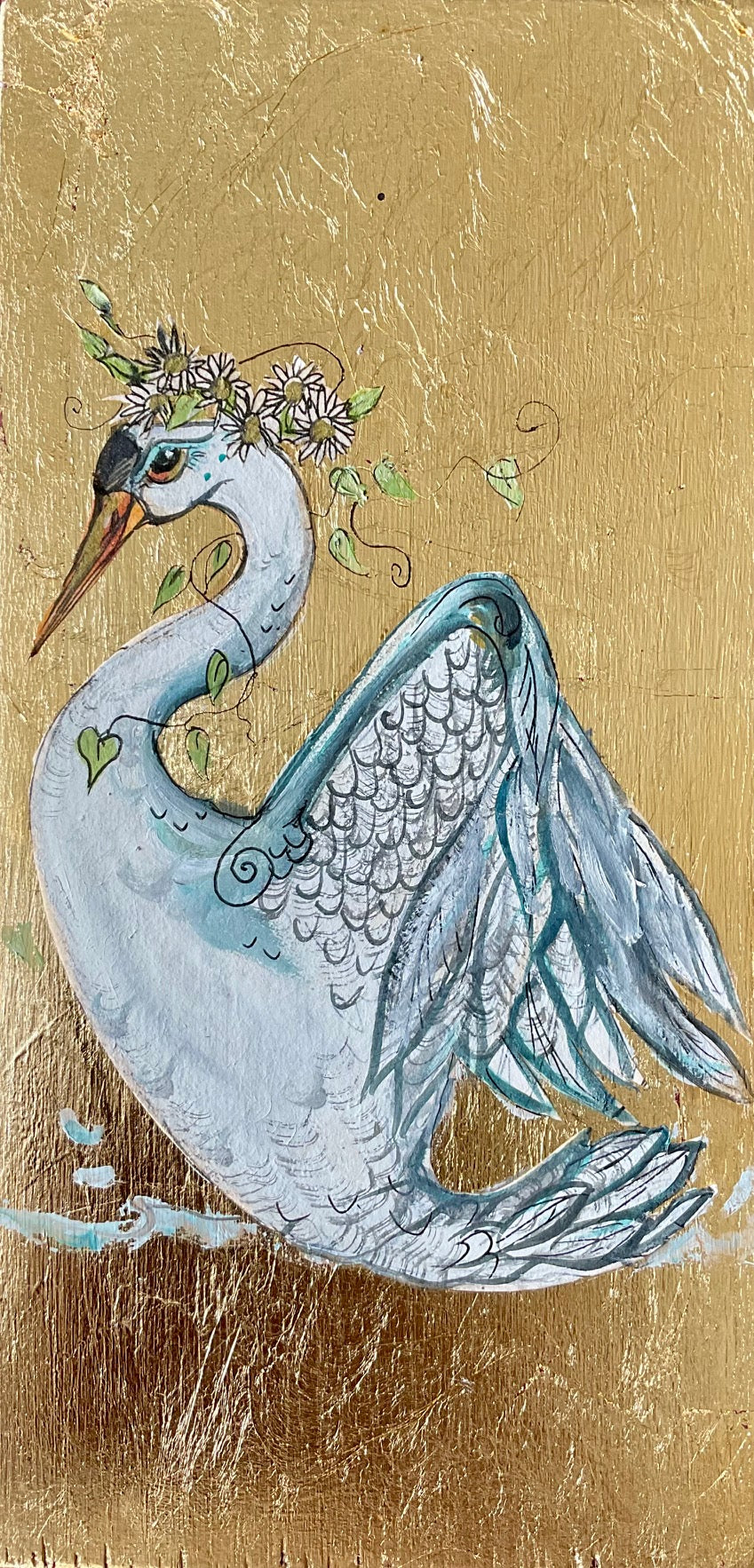 Decorative oak panel with a white swan on a gold background