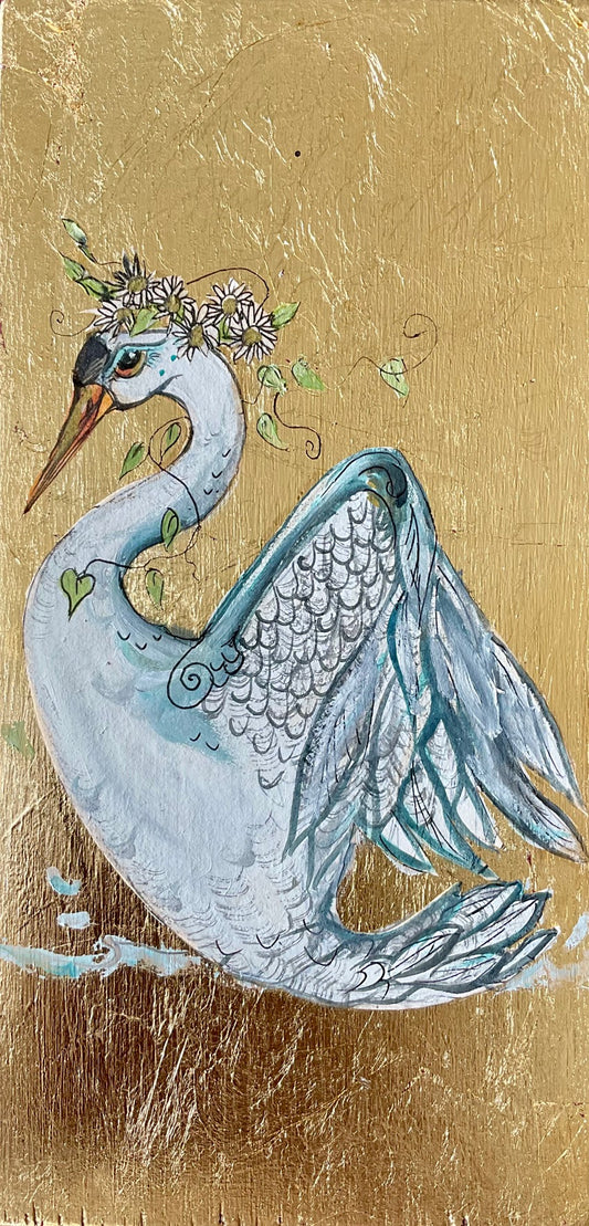 Decorative oak panel with a white swan on a gold background