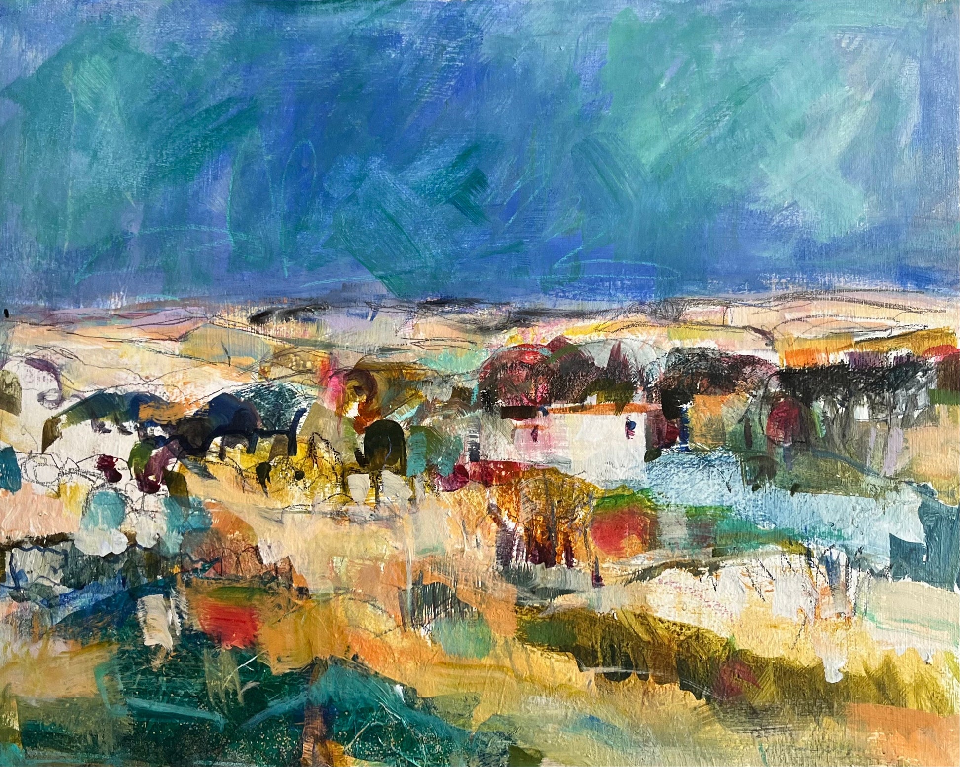a colourful abstract painting of some fields with houses, trees and a blue sky.