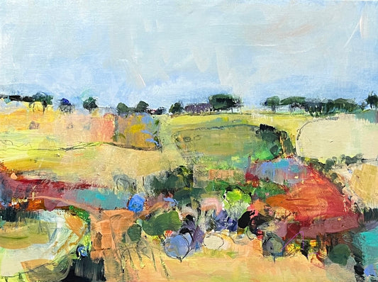 an abstract painting of some fields, trees and a blue sky