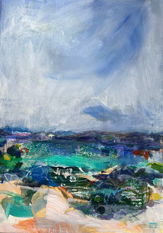 a lovely abstract painting of the coast and sea in turquoise colours, with a blue sky above.