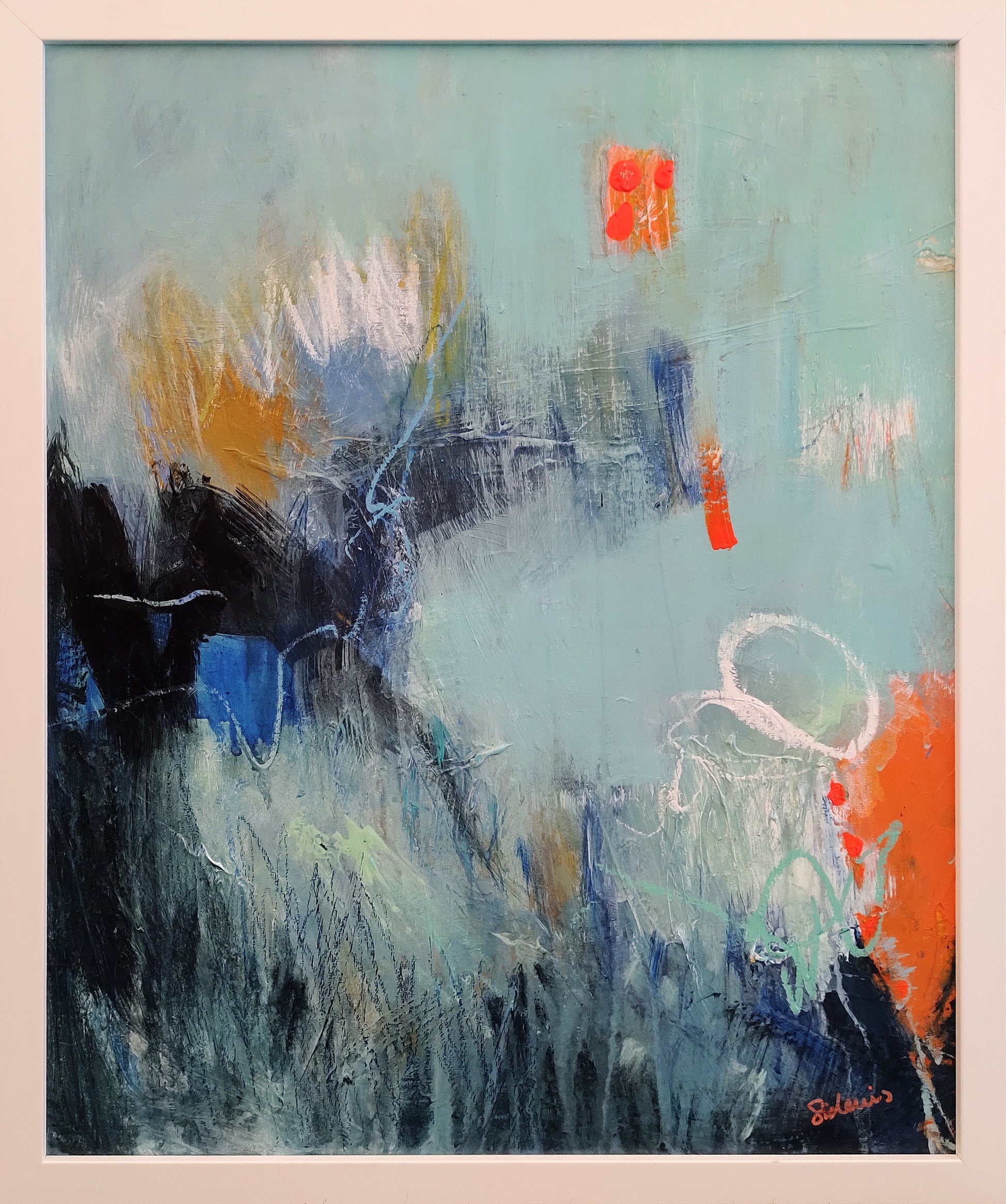 Abstract painting with a variety of colors and textures on a light blue background.