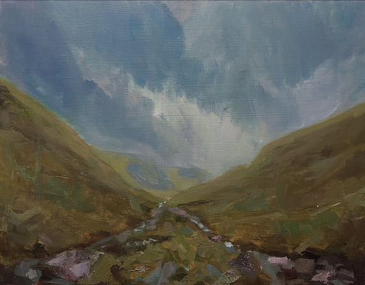 Painting of a mountain landscape with green slopes and a blue sky.