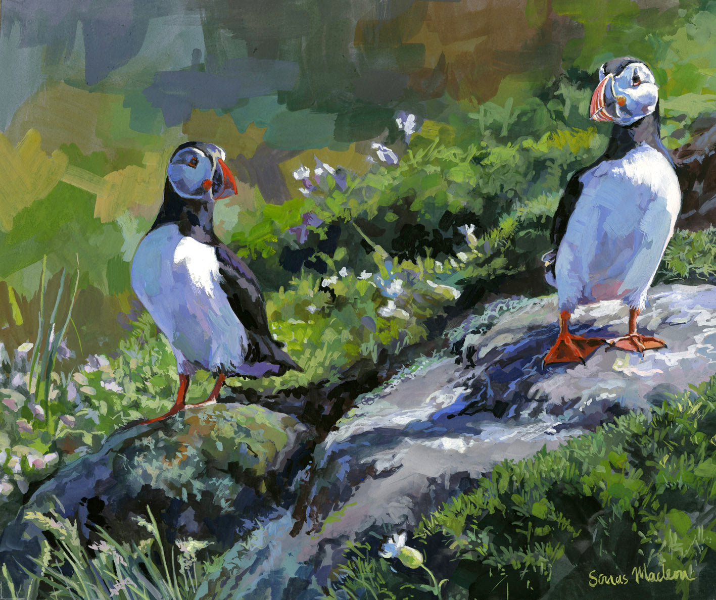 Original painting of two puffins on a rock with a natural grassy background