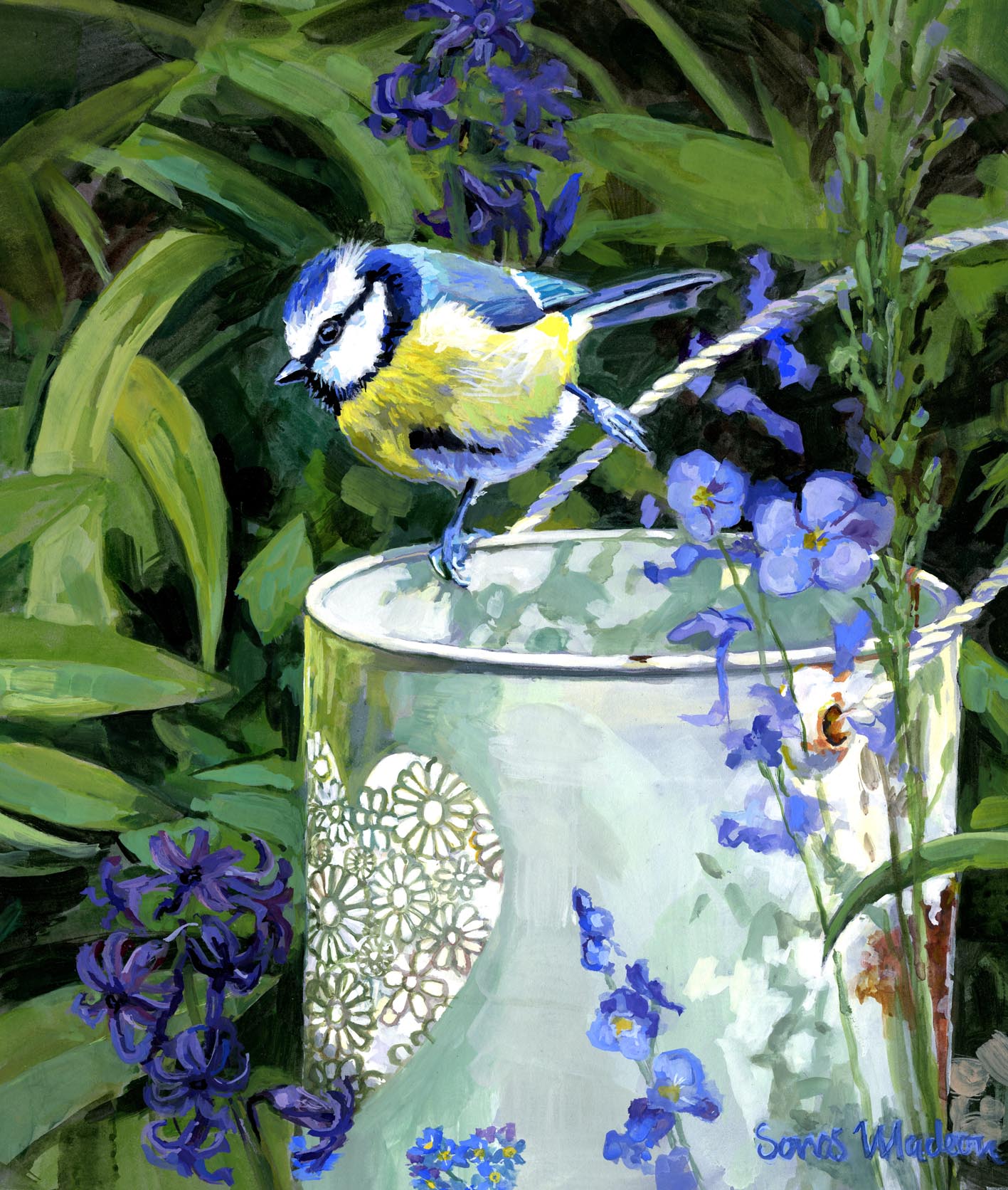 Bird perched on a decorative vase with purple flowers in a garden setting