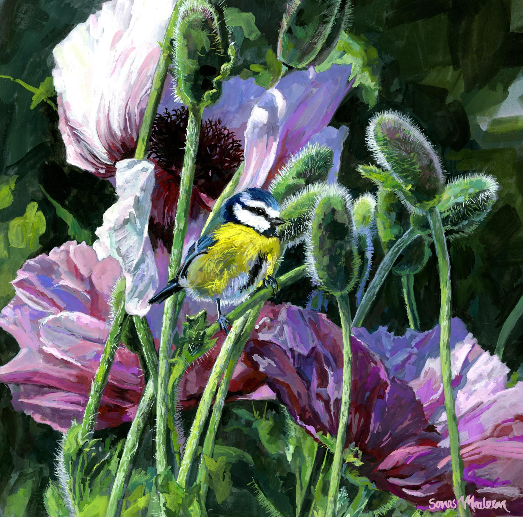 Painting of a bird perched among pink flowers with green leaves