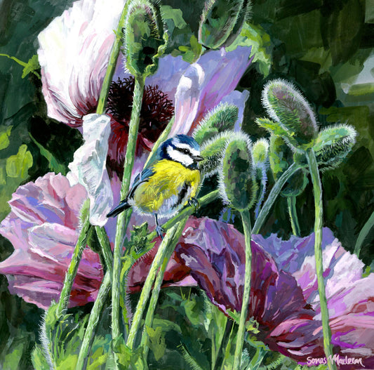 Painting of a bird perched among pink flowers with green leaves