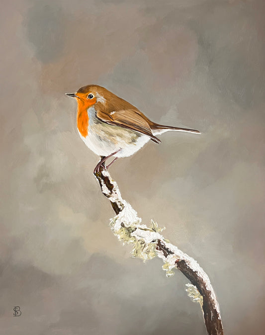 Painting of a robin perched on a branch with snow, on a textured brown background
