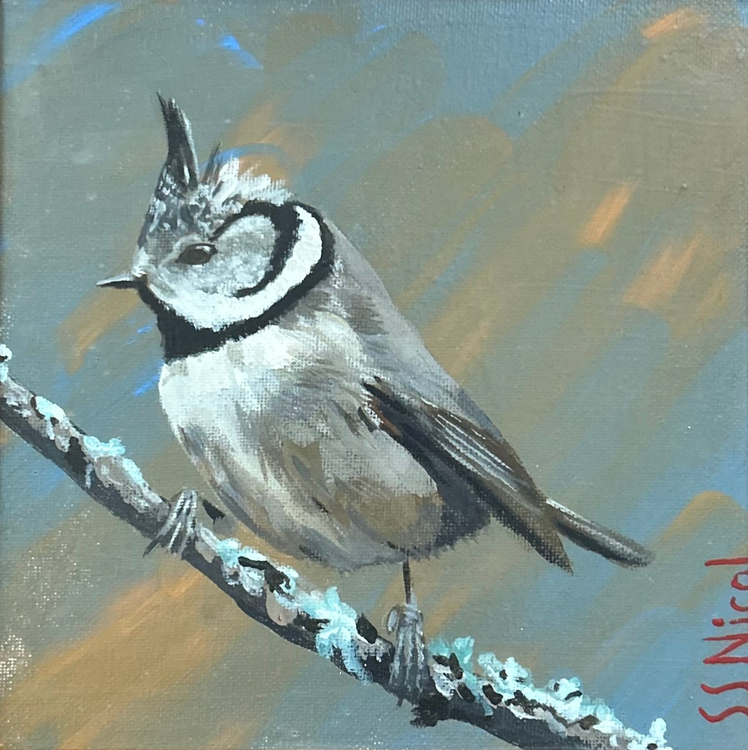 Painting of a bird perched on a branch with a stylized background