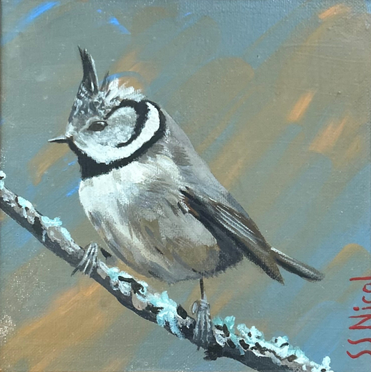 Painting of a bird perched on a branch with a stylized background