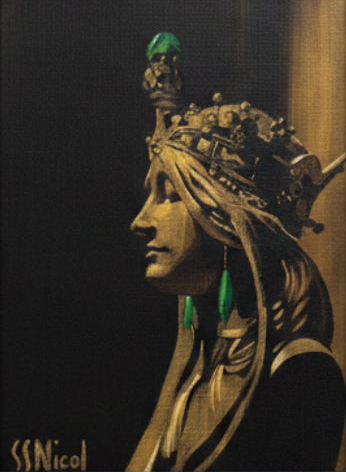 Artistic depiction of a figure with a headdress and green earrings against a dark background