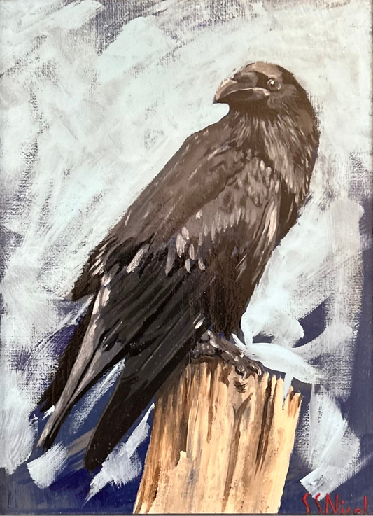 Artistic depiction of a bird perched on a branch with a textured background