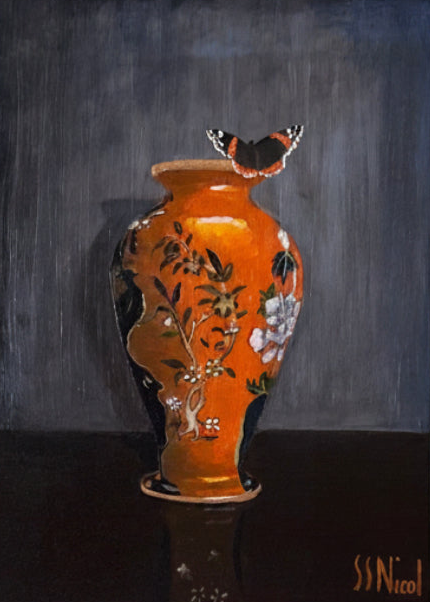 Decorative vase with floral patterns and a butterfly on a dark background