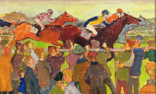 an oil painting of a horse racing scene.
