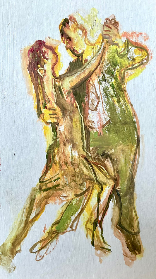 an oil painting of two people dancing a tango
