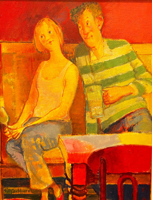 an oil painting of two people sat in a pub drinking a beer. 