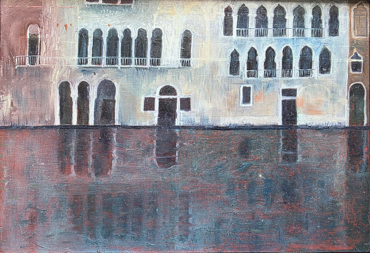 Framed painting of a waterfront scene with architectural details