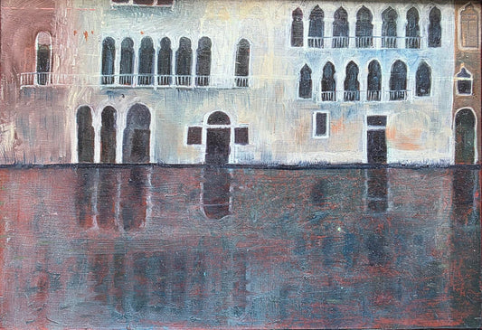 Framed painting of a waterfront scene with architectural details