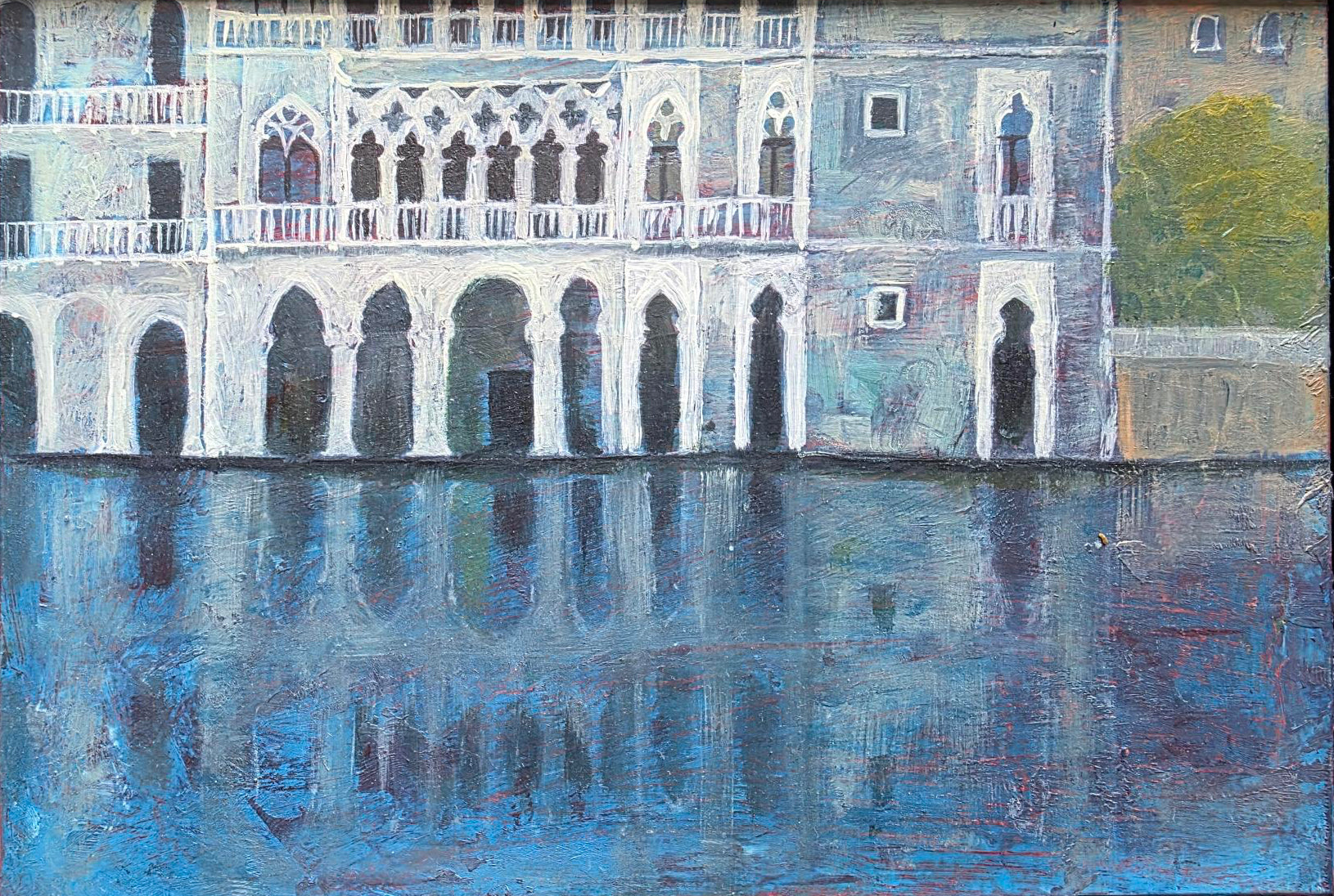 Framed artwork of a building reflection in water