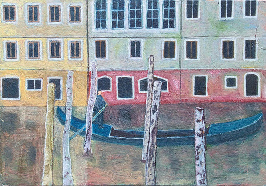 Painting of a canal scene with gondola and colorful buildings