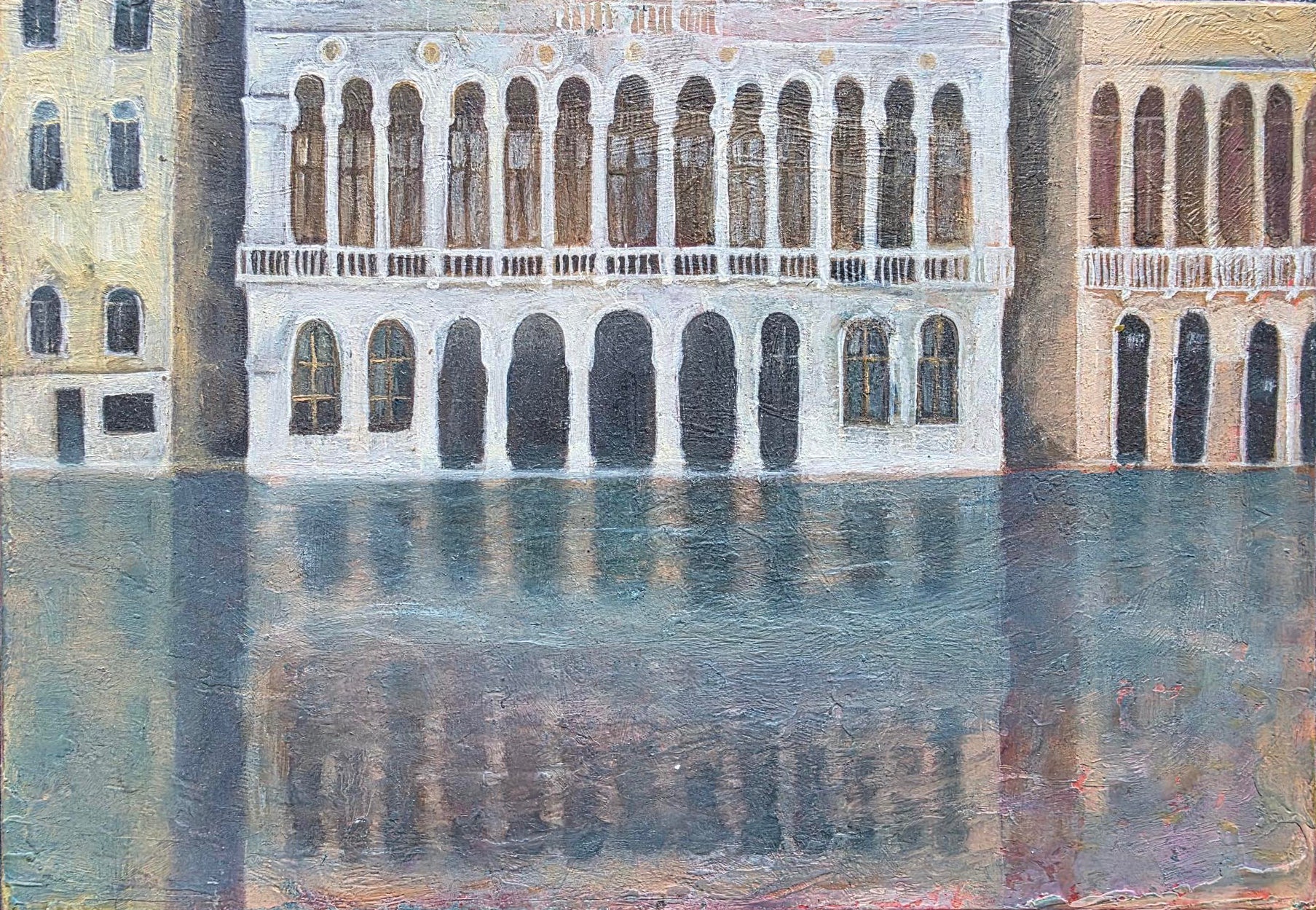 Artistic depiction of a Venetian canal scene with a grand building.