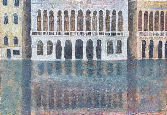 Artistic depiction of a Venetian canal scene with a grand building.