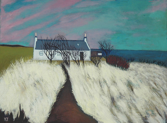 Painting of a house on a hill with a colorful sky