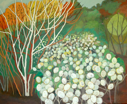 Artistic depiction of trees and foliage with a focus on white flowers.