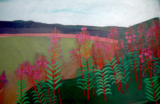 Artistic depiction of pink and green plants with a landscape in the background