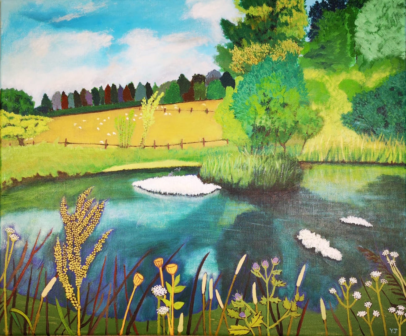 Landscape painting of a pond with greenery and trees.